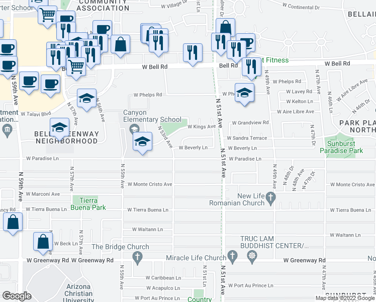 map of restaurants, bars, coffee shops, grocery stores, and more near 5221 West Beverly Lane in Glendale