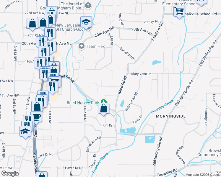 map of restaurants, bars, coffee shops, grocery stores, and more near 347 18th Avenue Northeast in Center Point