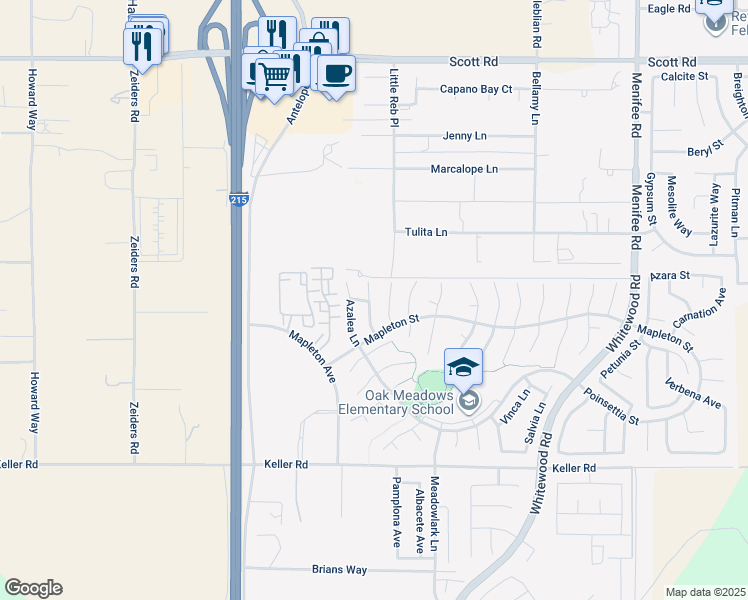 map of restaurants, bars, coffee shops, grocery stores, and more near 33596 Cyclamen Lane in Murrieta