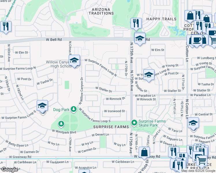 map of restaurants, bars, coffee shops, grocery stores, and more near 17647 West Tasha Drive in Surprise
