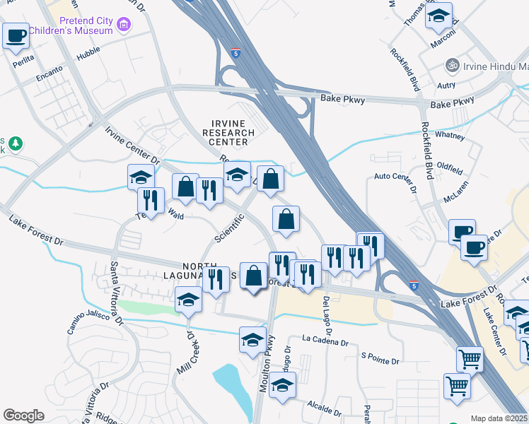 map of restaurants, bars, coffee shops, grocery stores, and more near 9780 Research Drive in Irvine
