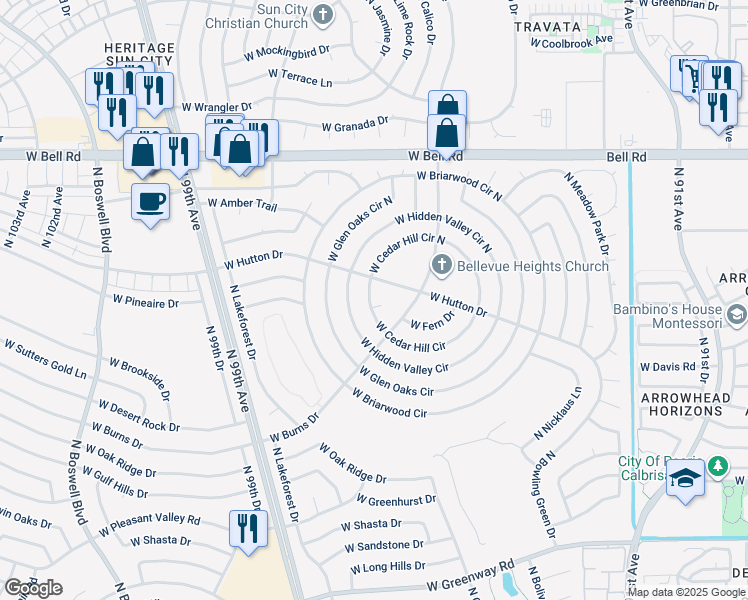 map of restaurants, bars, coffee shops, grocery stores, and more near 9530 West Cedar Hill Circle in Sun City