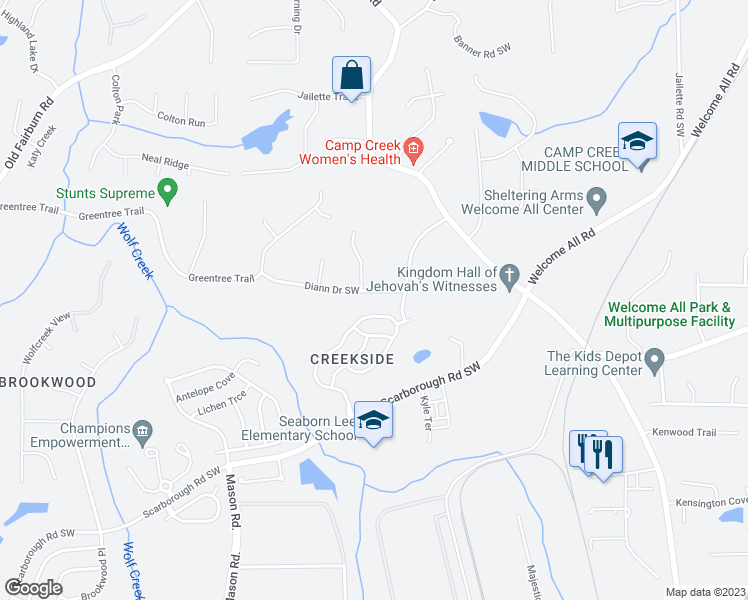 map of restaurants, bars, coffee shops, grocery stores, and more near 4635 Diann Drive Southwest in College Park
