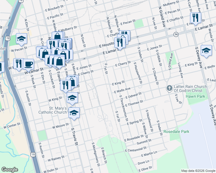 map of restaurants, bars, coffee shops, grocery stores, and more near 602 South 1st Street in Sherman