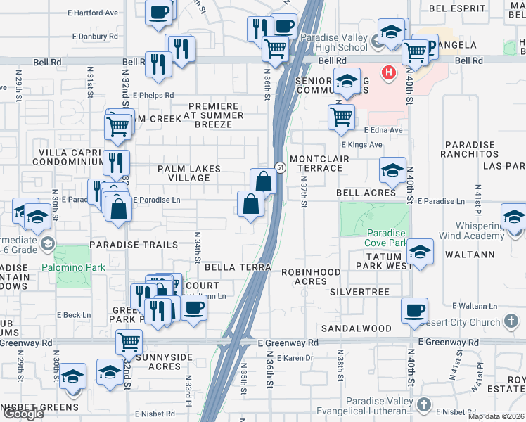 map of restaurants, bars, coffee shops, grocery stores, and more near 3337 East Carol Ann Way in Phoenix