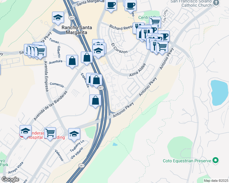 map of restaurants, bars, coffee shops, grocery stores, and more near 22751 El Prado in Rancho Santa Margarita