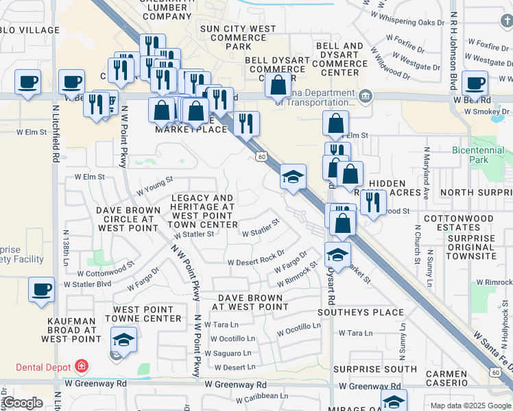 map of restaurants, bars, coffee shops, grocery stores, and more near 13319 West Post Drive in Surprise