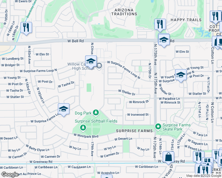 map of restaurants, bars, coffee shops, grocery stores, and more near 17782 West Statler Drive in Surprise