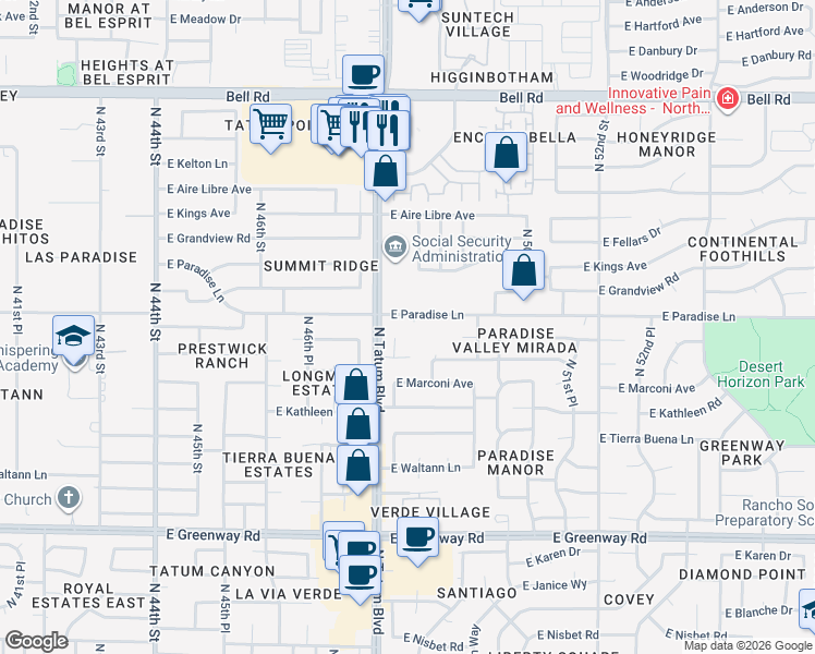 map of restaurants, bars, coffee shops, grocery stores, and more near 16032 North 48th Way in Scottsdale