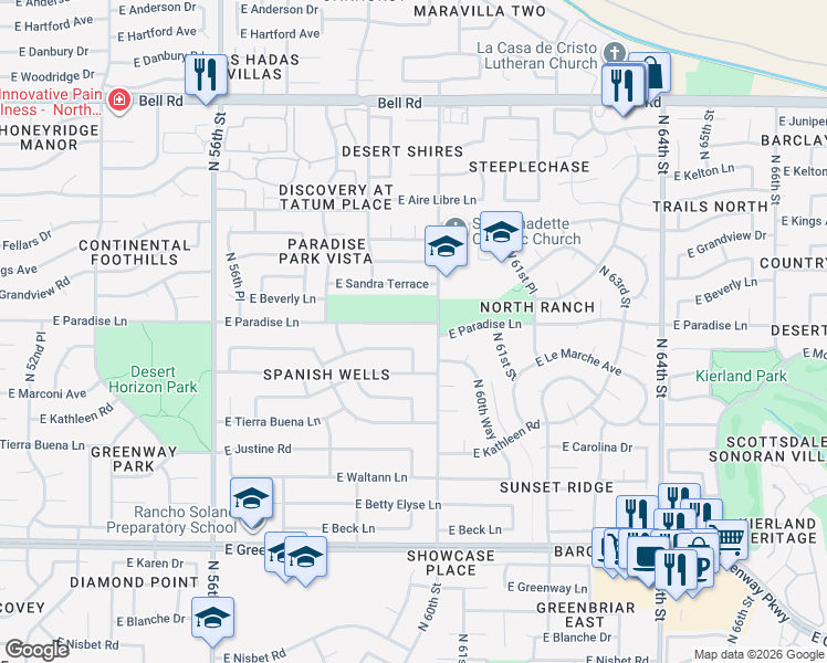 map of restaurants, bars, coffee shops, grocery stores, and more near 5891 East Paradise Lane in Scottsdale