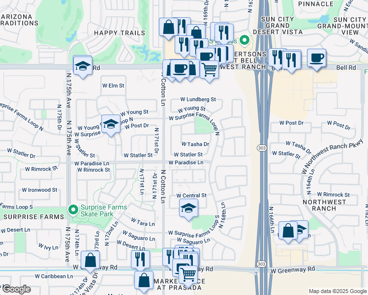map of restaurants, bars, coffee shops, grocery stores, and more near 17025 West Tasha Drive in Surprise