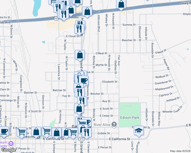 map of restaurants, bars, coffee shops, grocery stores, and more near 820 Ritchey Street in Gainesville