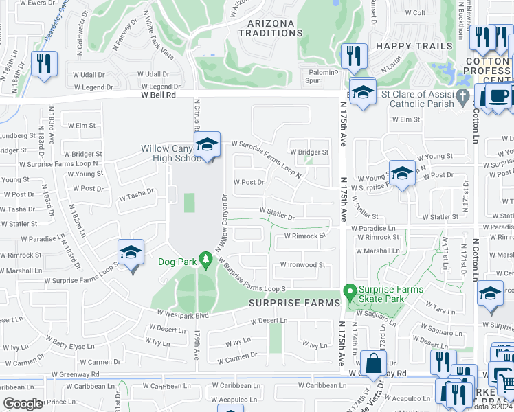 map of restaurants, bars, coffee shops, grocery stores, and more near 17726 West Statler Drive in Surprise