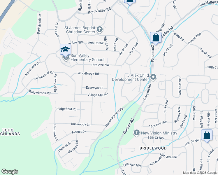 map of restaurants, bars, coffee shops, grocery stores, and more near 921 Village Mill Road in Birmingham