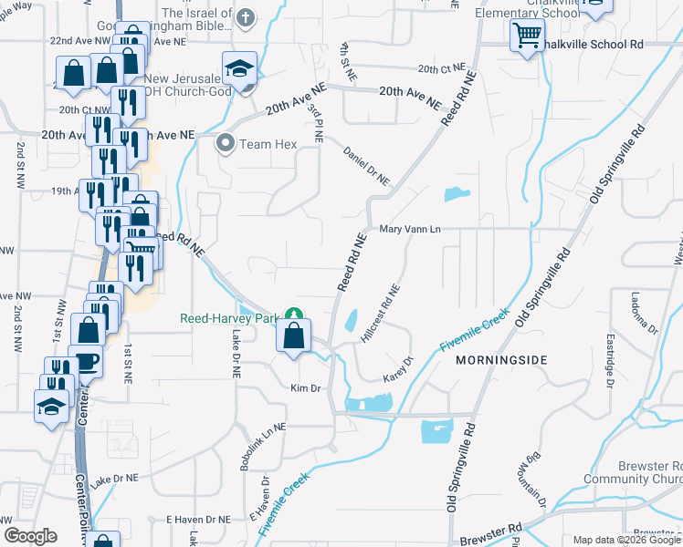 map of restaurants, bars, coffee shops, grocery stores, and more near 311 18th Avenue Northeast in Center Point