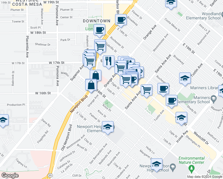 map of restaurants, bars, coffee shops, grocery stores, and more near 216 16th Place in Costa Mesa