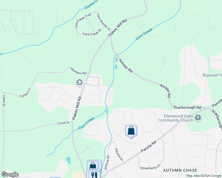 map of restaurants, bars, coffee shops, grocery stores, and more near 3833 Brookstone Way in Ellenwood