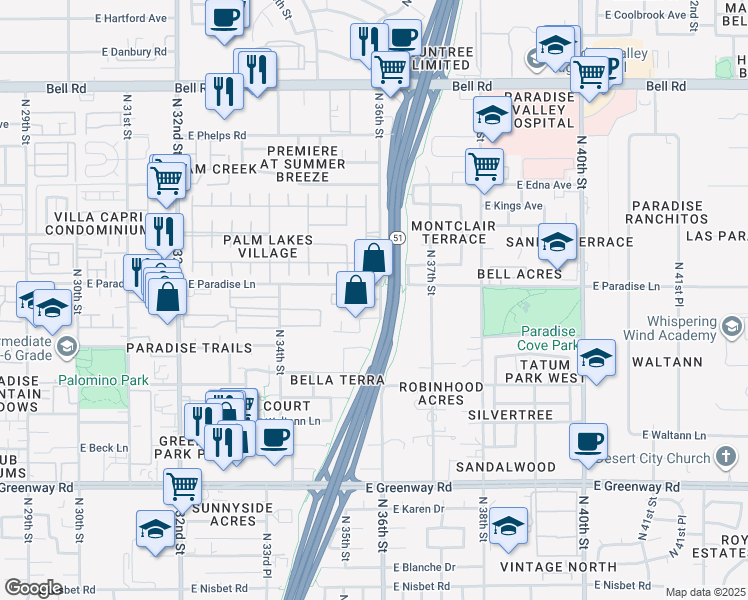 map of restaurants, bars, coffee shops, grocery stores, and more near 3337 East Carol Ann Way in Phoenix