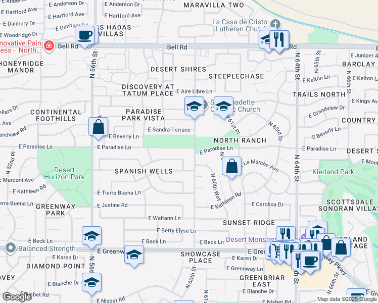 map of restaurants, bars, coffee shops, grocery stores, and more near 5891 East Paradise Lane in Scottsdale