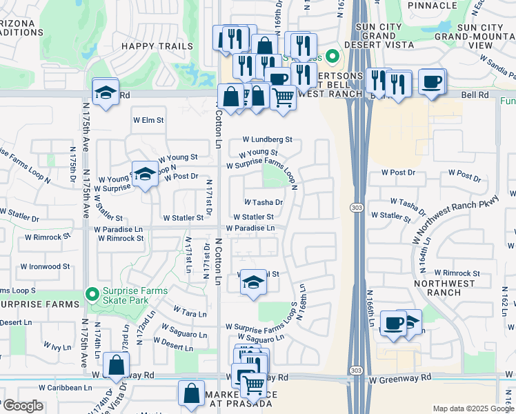 map of restaurants, bars, coffee shops, grocery stores, and more near 17025 West Tasha Drive in Surprise