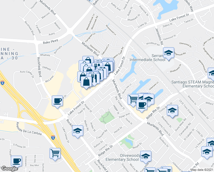 map of restaurants, bars, coffee shops, grocery stores, and more near 22700 Lake Forest Drive in Lake Forest