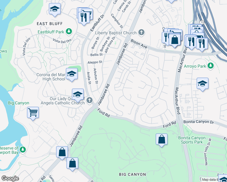 map of restaurants, bars, coffee shops, grocery stores, and more near 17 Crooked Stick Drive in Newport Beach