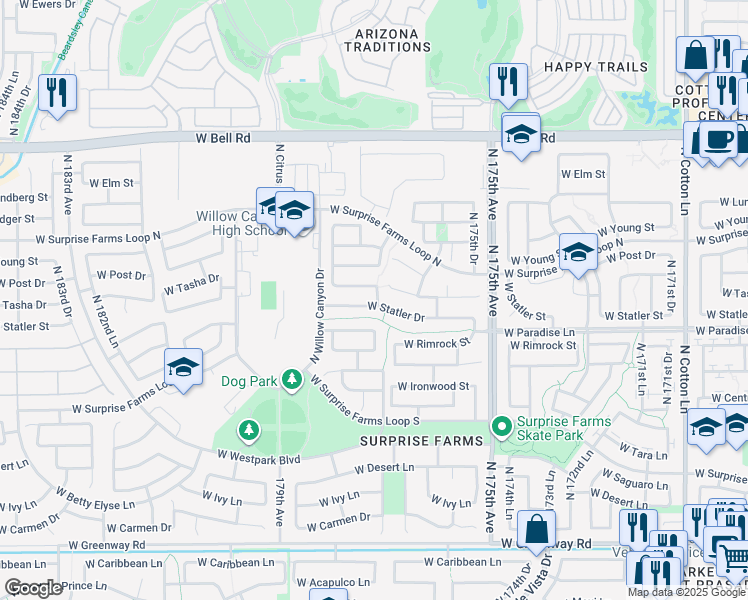 map of restaurants, bars, coffee shops, grocery stores, and more near 17710 West Statler Drive in Surprise