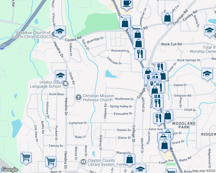 map of restaurants, bars, coffee shops, grocery stores, and more near 4456 Hillpine Road in Forest Park
