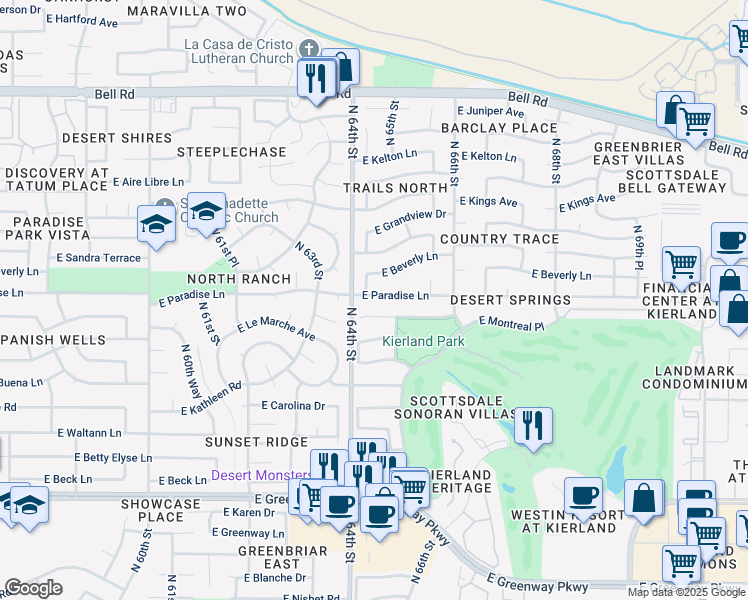 map of restaurants, bars, coffee shops, grocery stores, and more near 6425 East Paradise Lane in Scottsdale