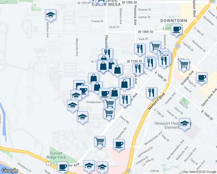 map of restaurants, bars, coffee shops, grocery stores, and more near 1616 Placentia Ave in Costa Mesa