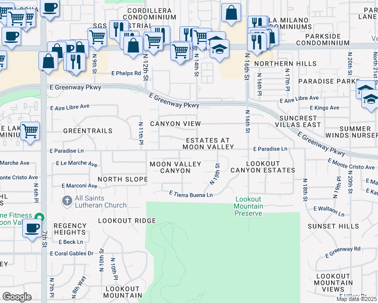 map of restaurants, bars, coffee shops, grocery stores, and more near 1138 East Le Marche Avenue in Phoenix