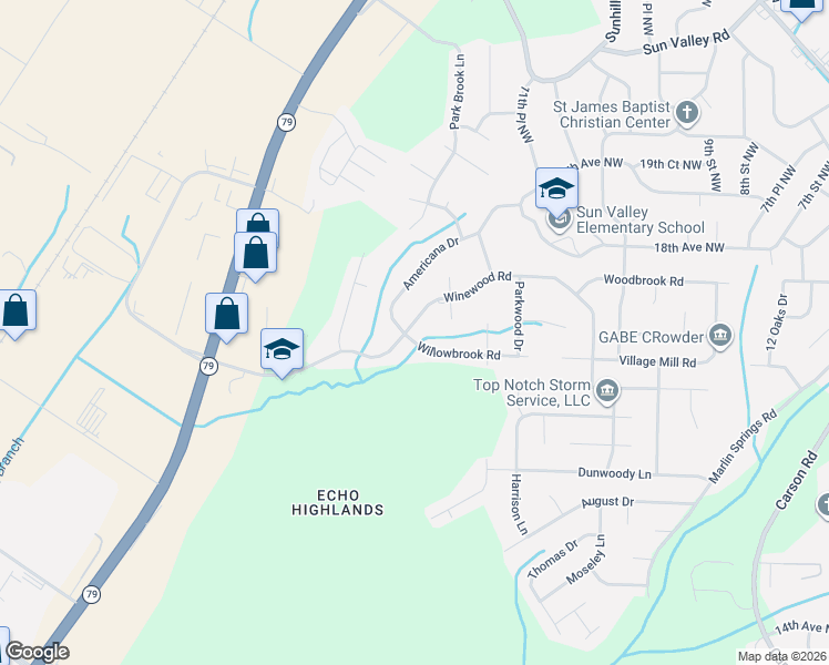 map of restaurants, bars, coffee shops, grocery stores, and more near 1048 Willowbrook Road in Birmingham
