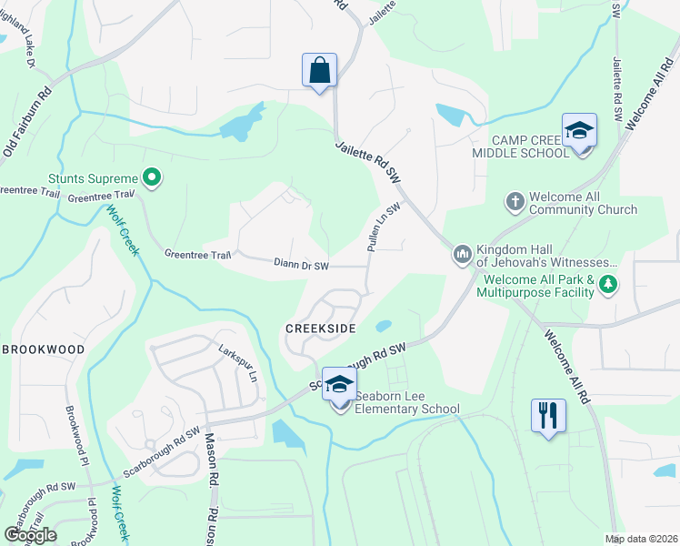 map of restaurants, bars, coffee shops, grocery stores, and more near 4635 Diann Drive Southwest in College Park