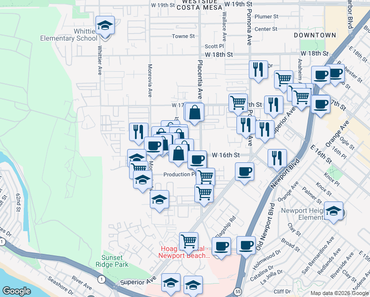 map of restaurants, bars, coffee shops, grocery stores, and more near 830 West 16th Street in Costa Mesa