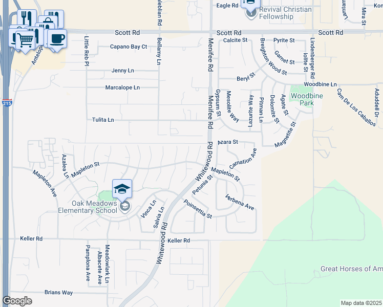 map of restaurants, bars, coffee shops, grocery stores, and more near 33586 Thyme Lane in Murrieta