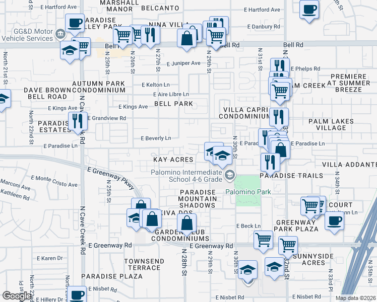 map of restaurants, bars, coffee shops, grocery stores, and more near 2814 East Le Marche Avenue in Phoenix