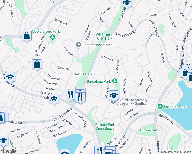 map of restaurants, bars, coffee shops, grocery stores, and more near 22706 Via Santa Rosa in Mission Viejo