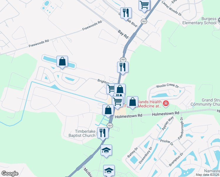 map of restaurants, bars, coffee shops, grocery stores, and more near 9566 Leeds Circle in Myrtle Beach