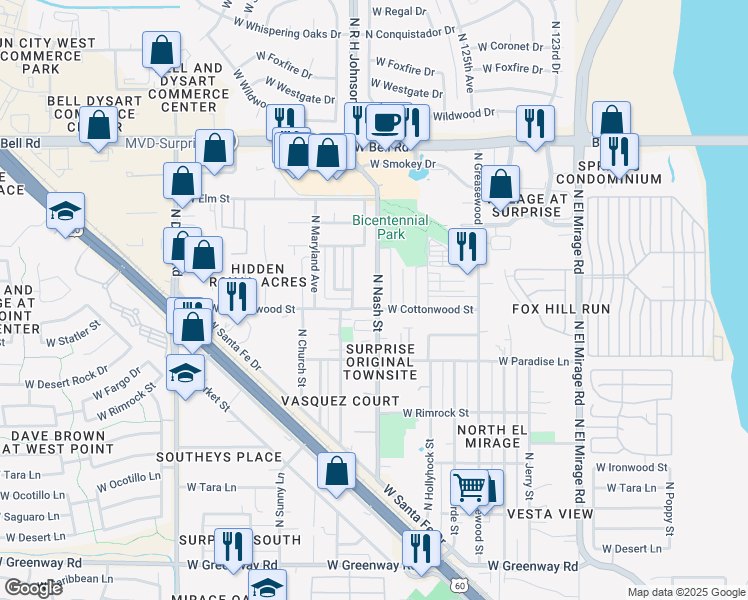 map of restaurants, bars, coffee shops, grocery stores, and more near 16402 North Nash Street in Surprise