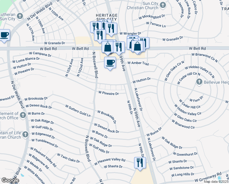 map of restaurants, bars, coffee shops, grocery stores, and more near 9940 W Pineaire Dr in Sun City