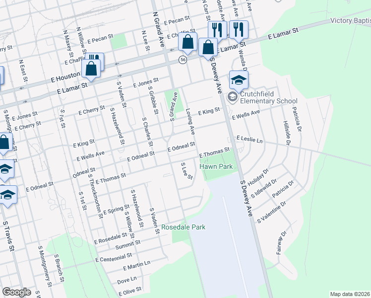 map of restaurants, bars, coffee shops, grocery stores, and more near 1416 East Odneal Street in Sherman