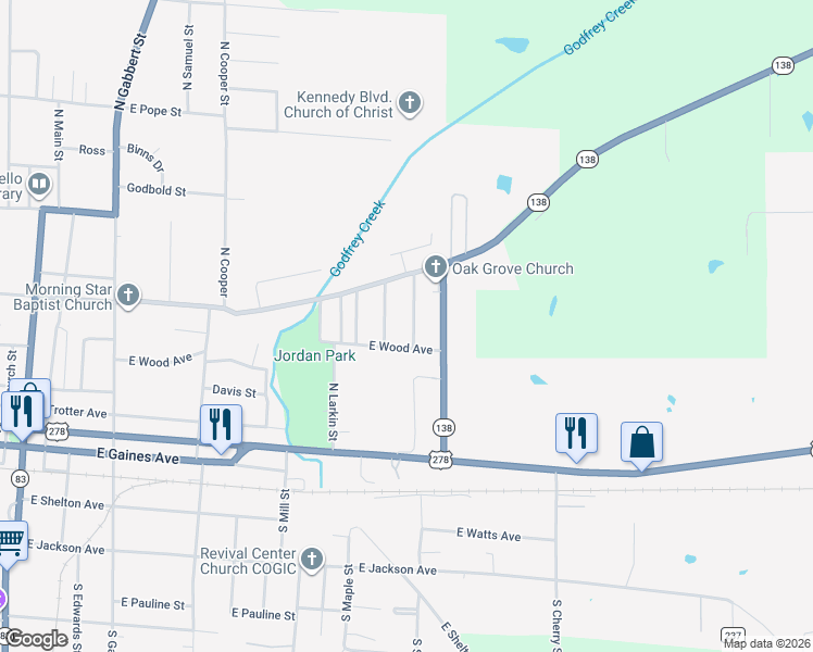 map of restaurants, bars, coffee shops, grocery stores, and more near 419 North Speer Street in Monticello