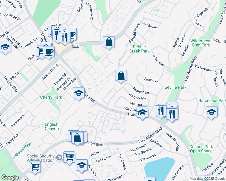 map of restaurants, bars, coffee shops, grocery stores, and more near 22686 La Quinta Drive in Mission Viejo