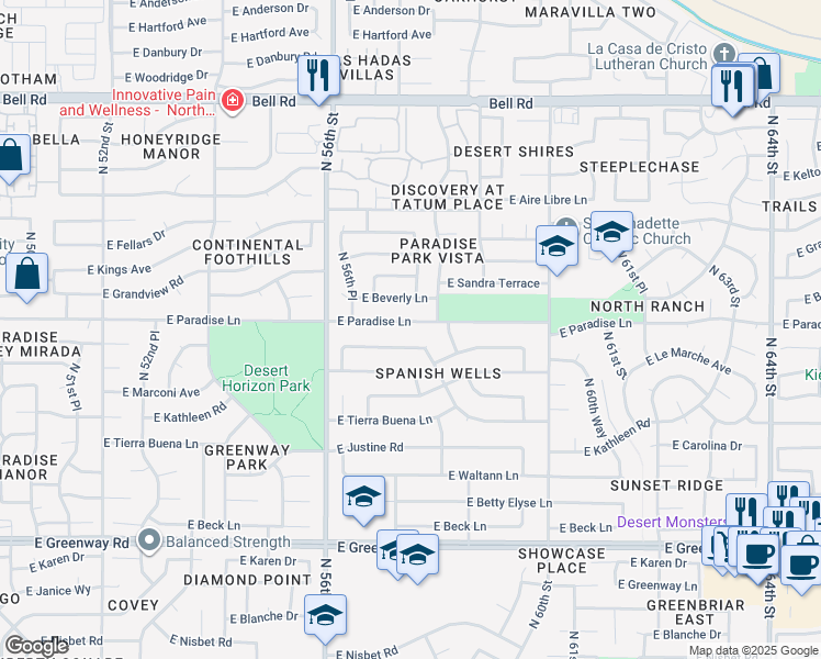 map of restaurants, bars, coffee shops, grocery stores, and more near 5731 East Paradise Lane in Scottsdale