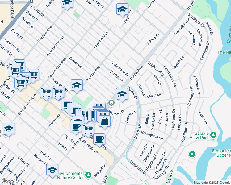 map of restaurants, bars, coffee shops, grocery stores, and more near 498 Broadway in Costa Mesa