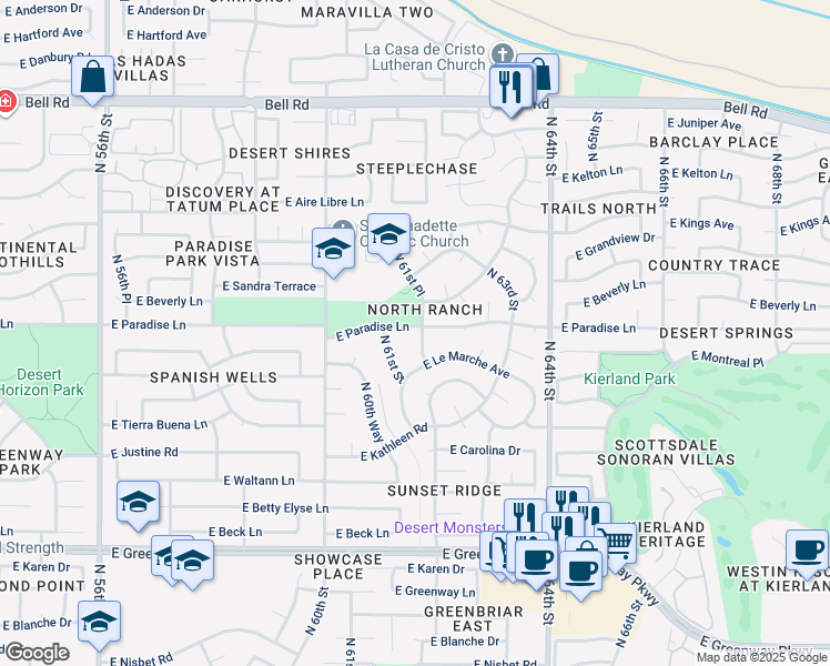 map of restaurants, bars, coffee shops, grocery stores, and more near 16030 North 61st Place in Scottsdale