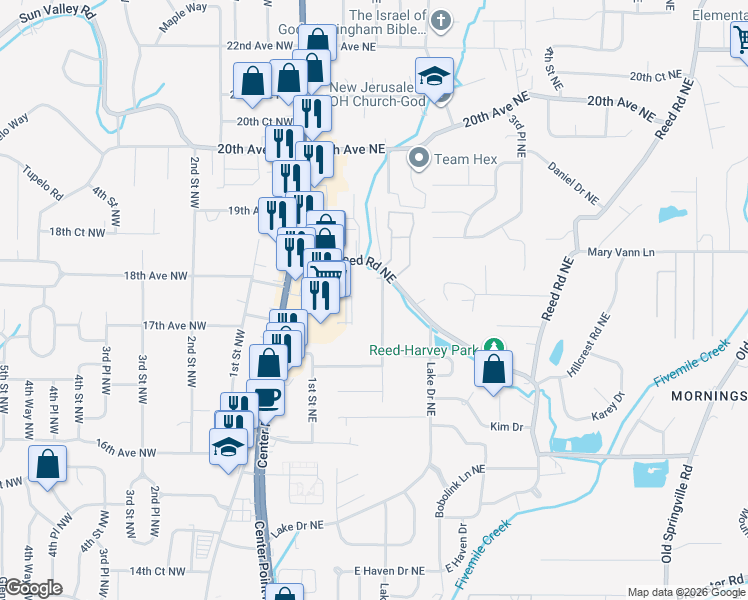 map of restaurants, bars, coffee shops, grocery stores, and more near 1732 2nd St NE in Center Point