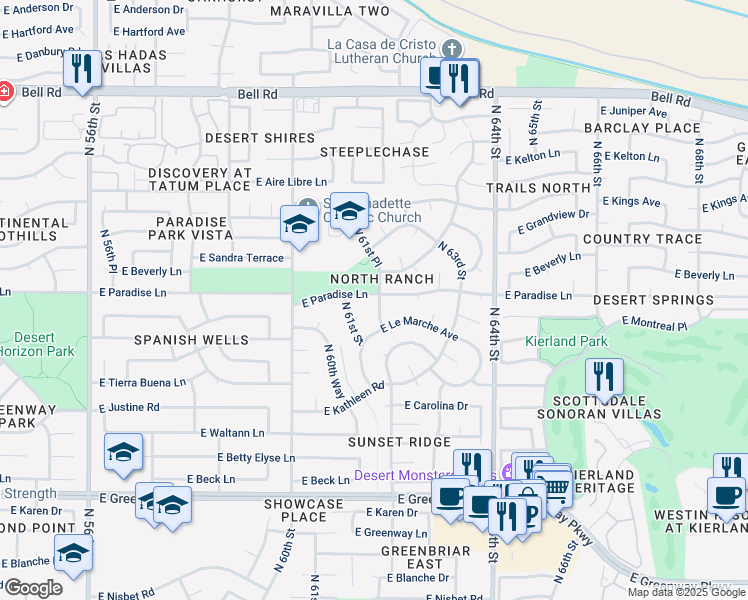 map of restaurants, bars, coffee shops, grocery stores, and more near 16030 North 61st Place in Scottsdale