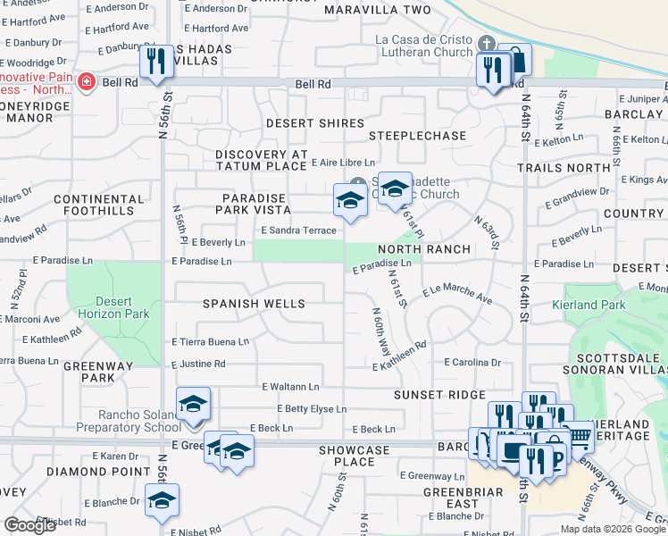 map of restaurants, bars, coffee shops, grocery stores, and more near 5891 East Paradise Lane in Scottsdale