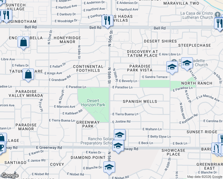 map of restaurants, bars, coffee shops, grocery stores, and more near 5601 East Paradise Lane in Scottsdale